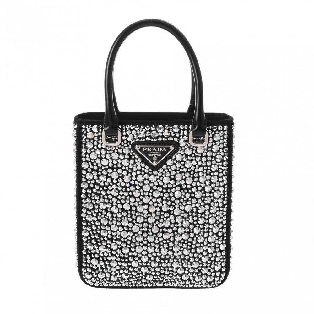 Prada Crystal Small Tote Satan Shoulder Bag Black
